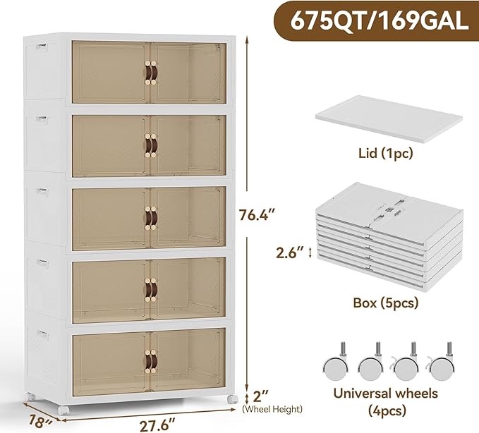 SAILUN 666QT/166Gal Stackable Storage Bins with a Lid, Collapsible Storage Bins With Doors, Folding Cabinet for Home Closet Organization,5 Pack-28 W x 18" D x 76.4" H White