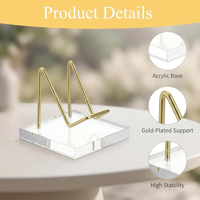 Skrfren Square Business Card Holder Metal Display Stand with Acrylic Base Business Card Holder Desk Rock Easel Stand for Fossil Coral Mineral Rocks Geodes Agate Collectibles