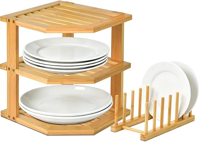Bamboo Plate Organizer for Cabinet Set,3 Tier Corner Shelf & Plate Holder | Space Saver Wooden Dish Racks, Vertical Cabinet Organizer Shelf for Kitchen Pantry RV Dishes,Bowls,Mugs,Spice,Cups,Lids,1 Set