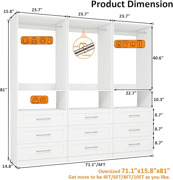 Closet System with Wooden Drawers, 6FT Closet Organize System with Drawers & Hanging Rods &for Walk in Closets, 3PCS*24" Freestanding Closet System, White(6FT)