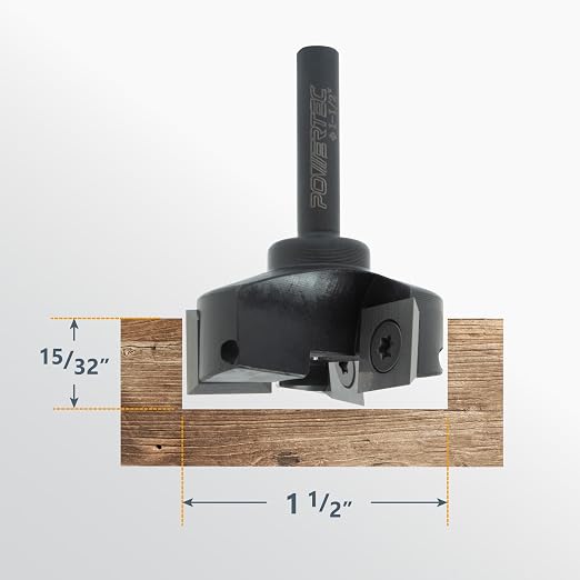 POWERTEC Slab Flattening Router Bit, 1/4" Shank, 1-1/2" Diameter, 1/2" Cutting Depth, 3-Wing Carbide Insert Woodworking Surfacing Bit for CNC Machine, Wood Milling & Live Edge Wood Planing (73053)