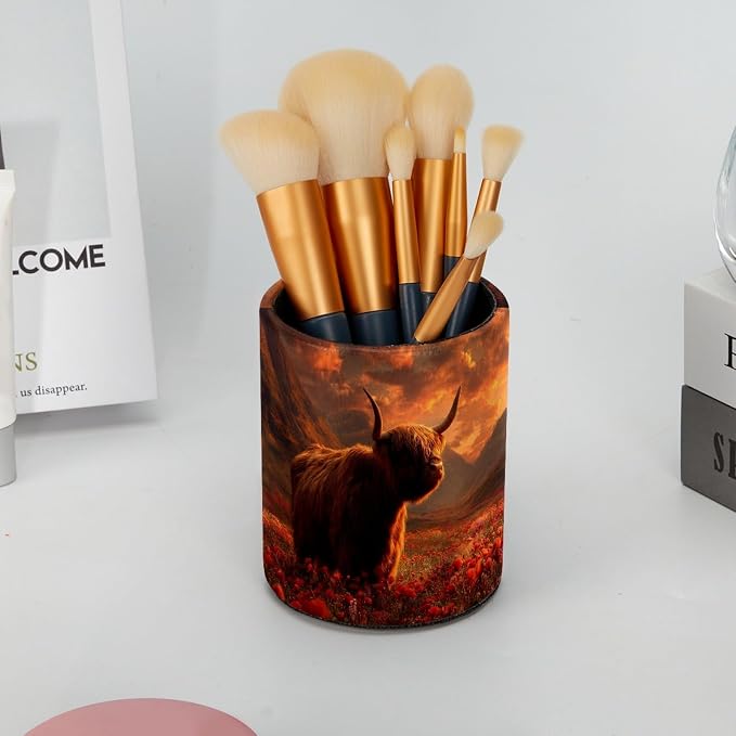 Highland Cow and Red Florals Pen Holder Pencil Organizer for Desk, 3.1” x 3.1” x 3.9” Pencil Cup Office Supplies, Large Capacity Cute Pen and Makeup Brush Holder for Desktop, Home, School