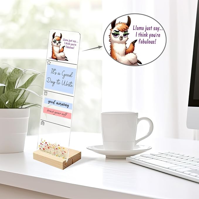 Sticky Note Holder, Monitor Memo Board, Acrylic Post It Note Holder with Wooden Base, Includes 200 Notes, Desk Organizer, Funny Llama Quote “Llama Just Say I Think You’re Fabulous”