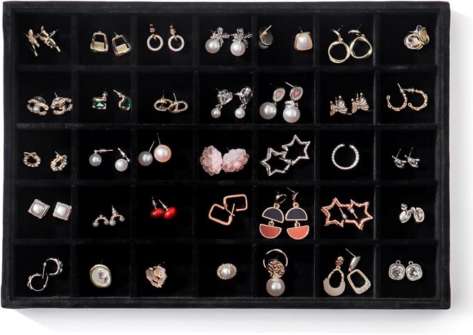 Large Jewelry Organizer for Drawer Insert Velvet Stackable Jewelry Trays for Earring Necklace Bracelet Ring Display (Black, 35 Grids)