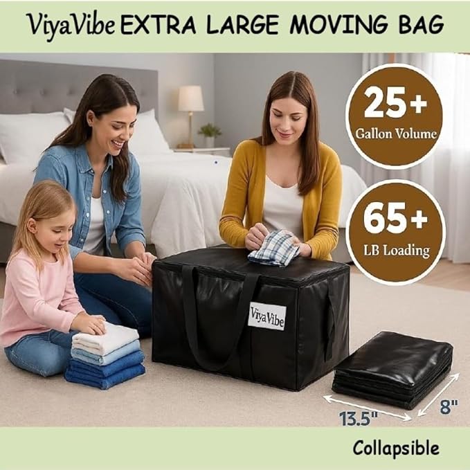 XL Moving Bag – 27"×14"×15.5" (25.4 Gal) Heavy-Duty Collapsible Storage Tote w/Zipper Lid & Tag Pocket — 6-Pack for Moving, College/Dorm, Laundry & Gym