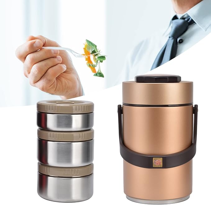 Qiilu Food Flask 2L Termos Para Comida Caliente 24 Horas 304 Stainless Steel 2.3L Vacuum Lunch Box 3 Layers Prevent Leakage Insulated Container For Work Travel (Gold)