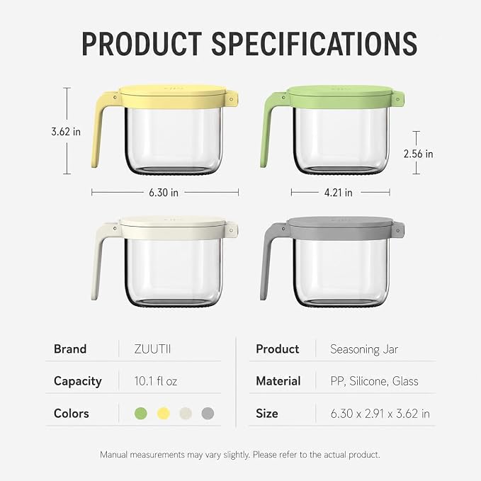 Zuutii Glass Spice Jar, 10 oz Seasoning Container for Salt & Sugar | One-Hand Opening | Magnetic Spoon Included | Moisture-Proof Seal | Food-Grade Glass | BPA-Free