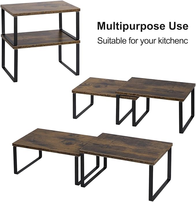 MOOACE Kitchen Counter Shelf, Stackable Cabinet Shelf Organizers Expandable Countertop Shelf for Pantry - Set of 4 - Brown | Stackable & Expandable Spice Rack, Space-Saving Pantry Organizers Bathroom Countertop Storage, Rustic Brown
