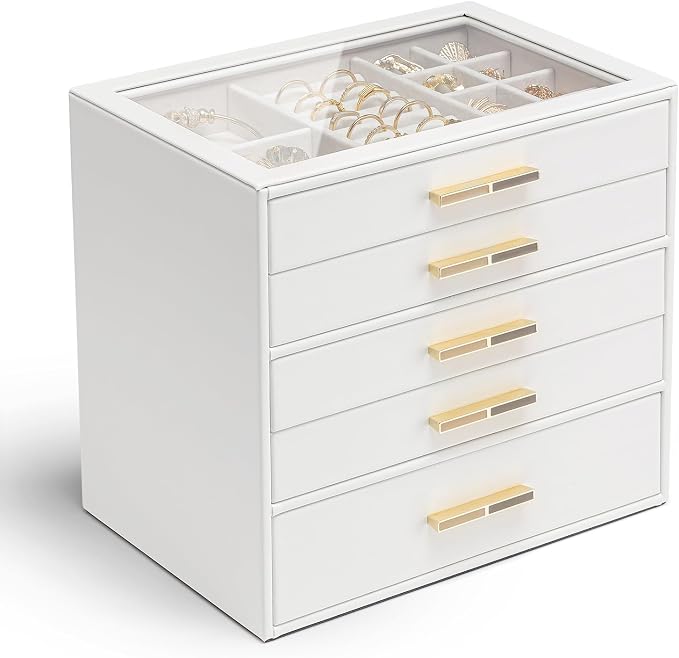 VLANDO 5-Drawer Jewelry Box with Glass Lid, Faux Leather Organizer for Rings Earrings Necklaces and More, Gift-Ready Jewelry Case for Women Girls or Moms, White