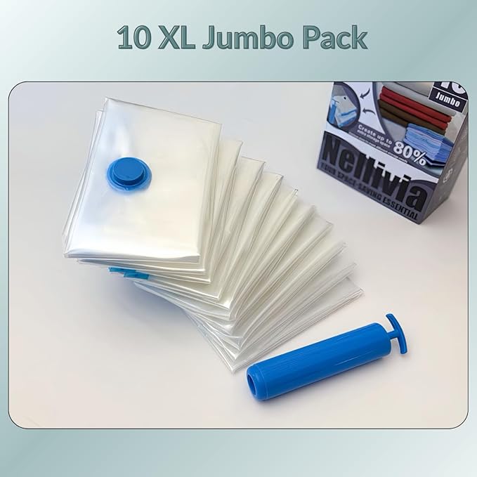 10 XL Jumbo Vacuum Storage Bags with Pump, Extra Large Compression Space Saver for Comforter, Duvet, Bedding, Blanket Storage, Vacuum Seal Bags for Clothing, Luggage Suitcase and Closet Organizer