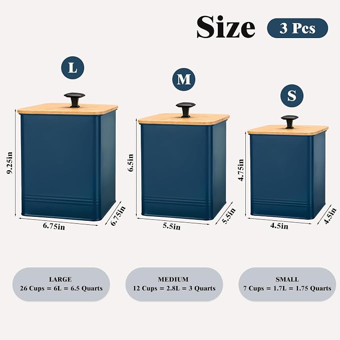 Kitchen Canisters Set of 3, Metal Flour Sugar Storage Containers with Airtight Lids-Canisters Sets for Kitchen with Customizable Chalkboard Labels & Marker Pen-Spice, Coffee Storage Jars(Dark Blue)