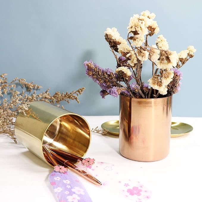 MultiBey Gold Pencil Holder Cup, Luxury Pen Holder Metal Organizer | Small Gold Vase Pen Holder Cup Desk Accessory for Office Home
