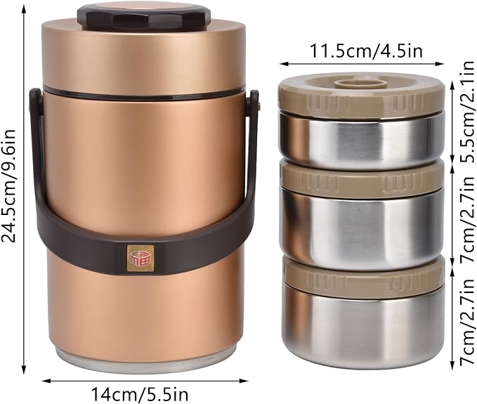 Qiilu Food Flask 2L Termos Para Comida Caliente 24 Horas 304 Stainless Steel 2.3L Vacuum Lunch Box 3 Layers Prevent Leakage Insulated Container For Work Travel (Gold)