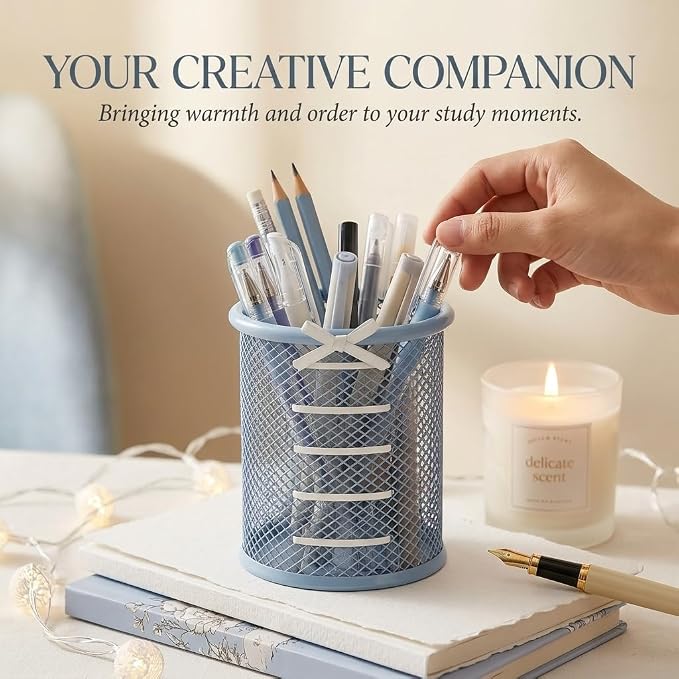 Pen Holder for Desk - Cute Ribbon Bow Wire Mesh Pencil Cup, Lace-up Desktop Organizer for Girls & Teens, Decorative Stationery Storage for Home Office (Blue)