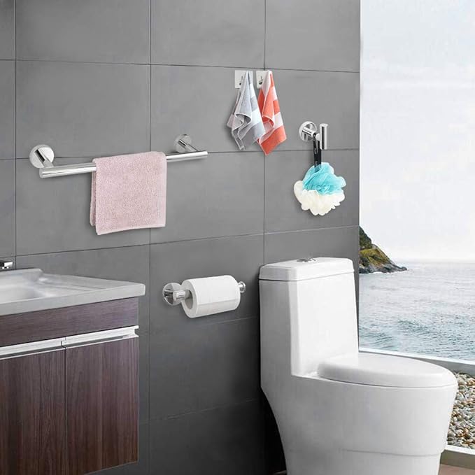 TocTen 5 PCS Bathroom Hardware Set SUS304 Stainless Steel-Towel Rack Set Include Lengthen Hand Towel Bar+Toilet Paper Holder+3 Robe Towel Hooks Bathroom Accessories Towel Bar Set(Polished Chrome,16IN)