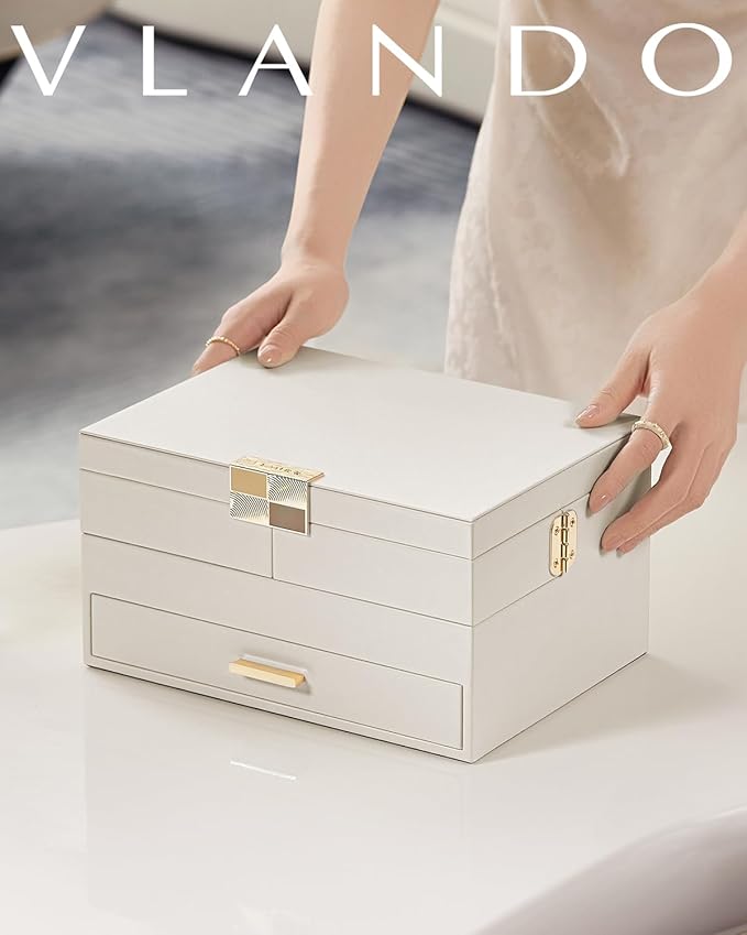 VLANDO 3 Layer Jewelry Box - Women Jewelry Box with Retractable Tray - Jewelry Organizers with Drawer for Necklaces, Rings, Bracelets, Earrings, Valentines Gift for Mom Girls - Cloud White