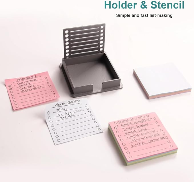 2 PCS 3x3 Sticky Note Holder, Anti-Curl Sticky Pad Dispenser with Drawing Stencil Template, Compatible with Post it Notes, Reusable Memo Organizer for Office Home School
