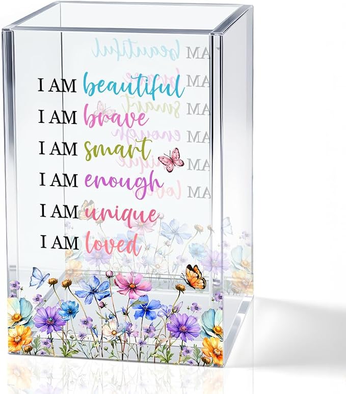 I Am Beautiful Affirmation Acrylic Pencil Pen Holder Cup, Wildflowers Makeup Brush Storage Organizer, Women Affirmation Desk Accessories Holder, Graduation Gifts for Daughter Niece