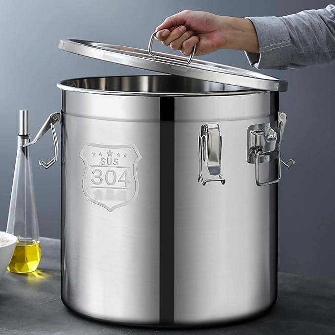 Stockpots 304 Stainless Steel Sealed Storage Bucket with Lid, Double Seal, Commercial Large-Capacity, Moisture-Proof,Leak-Proof (Size : 50cm50cm(98L)) ()