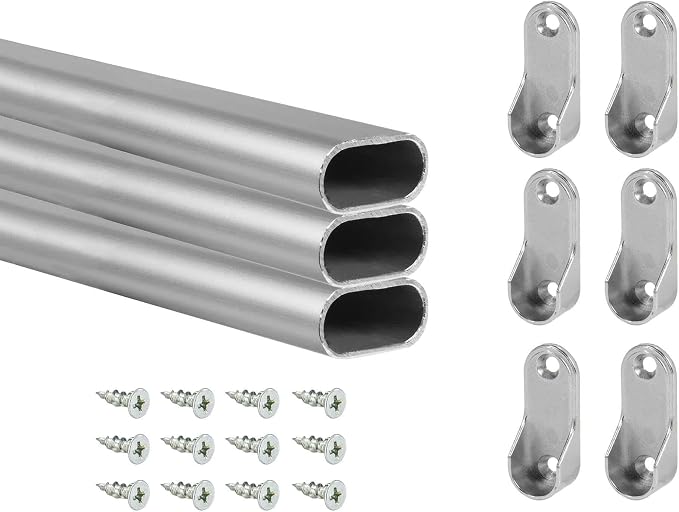 Outwater 48 Inch Satin Chrome Aluminum Oval Closet Rod Kit, 1-3/16 Inch x 19/32 Inch Profile, Includes Matching Screw Mount Supports and Mounting Screws, Pack of 3