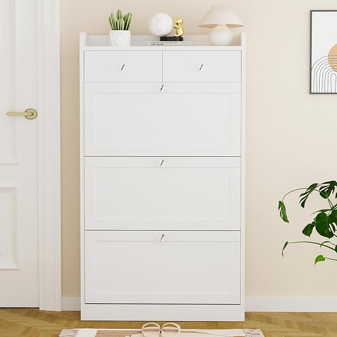 VOWNER Shoe Cabinet with 3 Flip Drawers & 2 Drawers, Freestanding Shoe Storage Cabinet with Adjustable Shelves, Shoe Organizer for Entryway, Hallway, Living Room, White