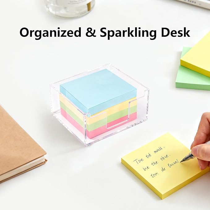 Acrylic Sticky Note Holder 4x4in Tray for Desk, Crystal Clear | Crystal Clear acrylic tray, fits 3x3 sticky notes, compact organizer for office school and home