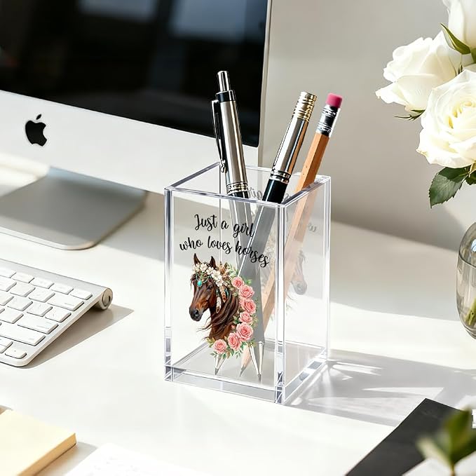 Just A Girl Who Loves Horses Acrylic Pen Holder Cosmetic Organizer, Funny Horseback Riding Pen Pencil Holders for Desk, Equestrian Gifts Makeup Brush Organizer, Horse Lover Desk Accessories