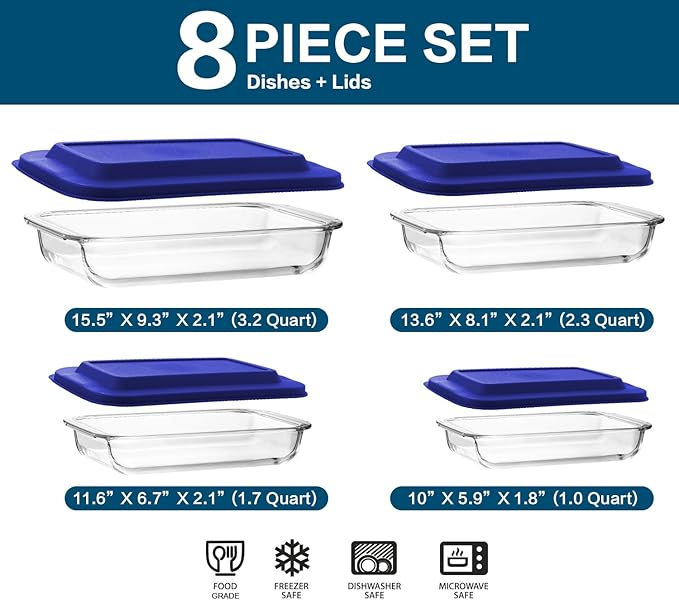8-Piece Glass Baking Dish Set with Plastic lids,Rectangular Glass Bakeware Set with Lids, Baking Pans for Lasagna, Leftovers, Cooking, Kitchen, Freezer-to-Oven and Dishwasher, Navy Blue