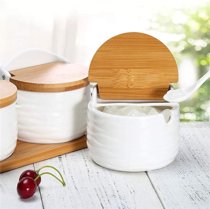Ceramic Sugar Bowl with Bamboo Lids and Spoons Serving Tray, Porcelain Sugar Container for Sugar Tea Coffee Spice,Salt Condiment with Chalkboard Labels for Home Kitchen ,9.1 fl oz 270 ML,3PCS
