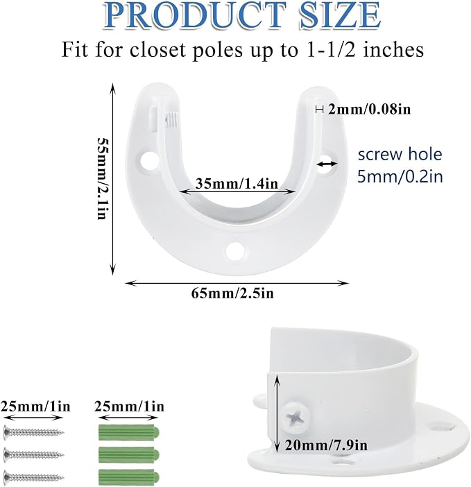 10 Pack Closet Rod Brackets, 1-1/2" Diameter Closet Pole Sockets, Stainless Steel Closet Rod Holders, U Shaped Closet Pole Socket Opening Flange Rod Bracket with Screws, Curtain Rod Holder