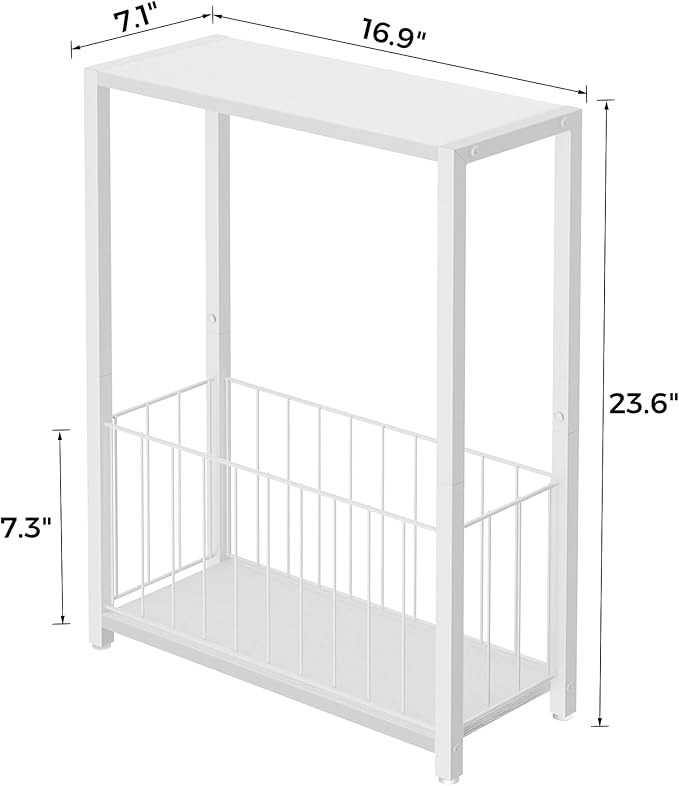 Homleke Narrow Side Table with Magazine Holder, Skinny End Table | Space-Saving Design, Small Spaces, Storage Shelf, Metal Frame, Easy Assembly, 7.1" D x 16.9" W x 23.6" H, White