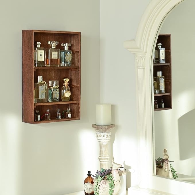 Ikee Design Wooden Wall-Mounted Display Shelves Rack for Collectibles-Figures,Shot Glasses,Spice Can,Cosmetics or Perfume-5 Adjustable Height Shelves,Space-Saving- Brown Color