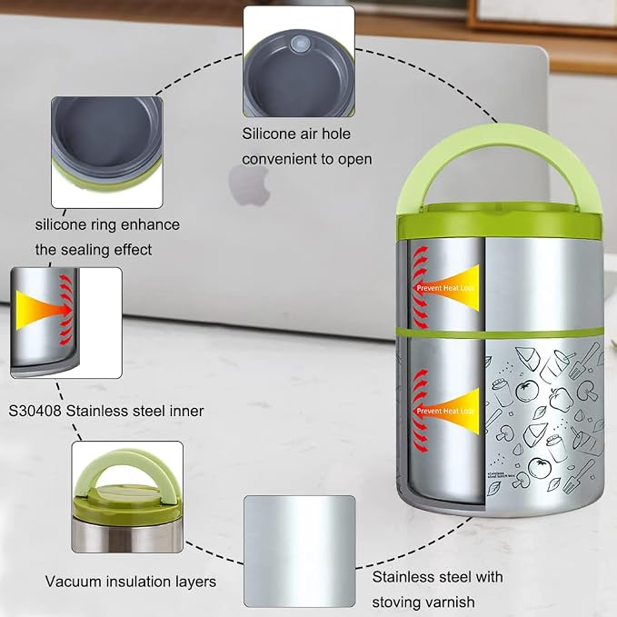 Lille Home 2 Tier Vacuum Insulated Stainless Steel Thermal Lunch Box,32OZ | 2 Tier Bento Food Container with Lunch Bag, Leakproof Wide Mouth Bento Box for Cold/Warm Food, Portion Control, Green
