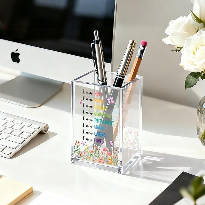 I Am Kind Acrylic Cosmetic Organizer Pen Holder, Inspirational Acrylic Desk Holder Cup for Pen Pencil, Affirmations Desk Organizer for Daughter, Mental Health Gifts for Women Office Worker