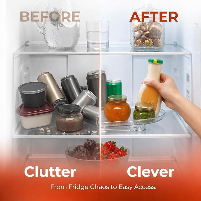 Oizeir Refrigerator Lazy Susan Turntable – Clear Rectangular Fridge Organizer with Suction Cups, 360° Rotating Tray for Side-by-Side Refrigerators, Cabinet & Pantry Organization