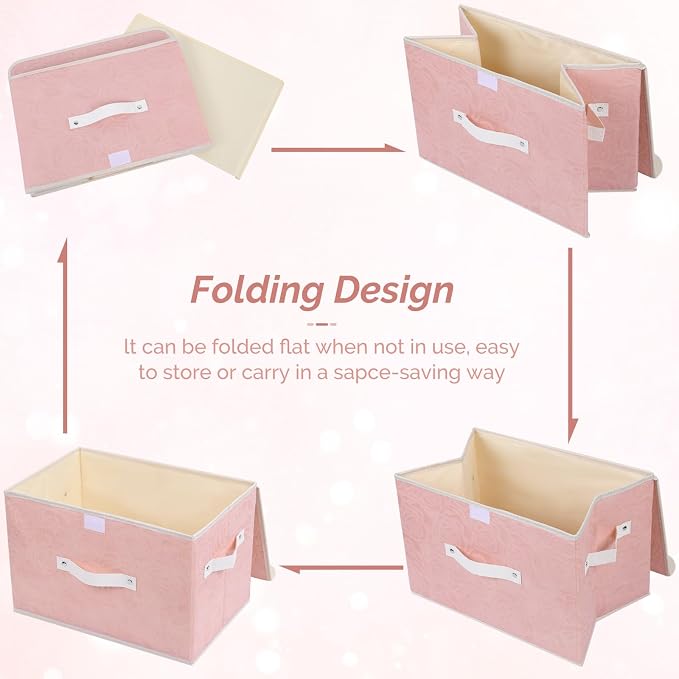 Lucky Monet Cute Storage Bin Boxes with Lids Washable Decorative Storage Boxes Pink Lidded Storage Baskets Collapsible Fabric Box Cubes with PU Leather Handles for Shelf Closet, 3 Pack Pink, Large