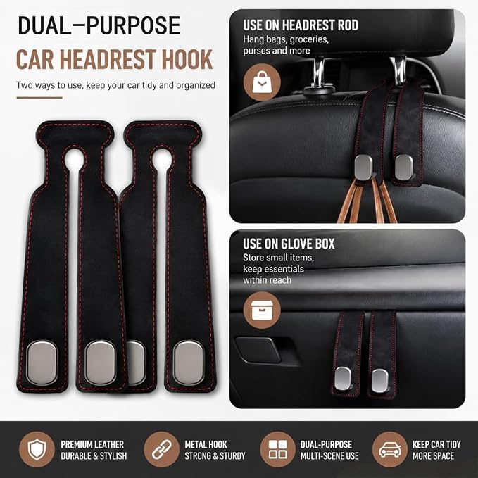 2-Pack Car Hanging Hooks for Car Seat Back & Glove Box, Black | Dual-Use Purses & Bags Hanger for Car With Metal Hooks - Keep Floor & Seats Clutter-Free, Car Interior Organizer Accessories
