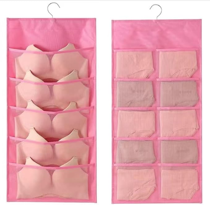 Bra and Underwear Hanging Storage Organizer Mesh Pockets Dual Sided Wall Shelves Space Saver Bag Sock Underpants Drawer Closet Clothes Rack (Pink:(6+18pockets))