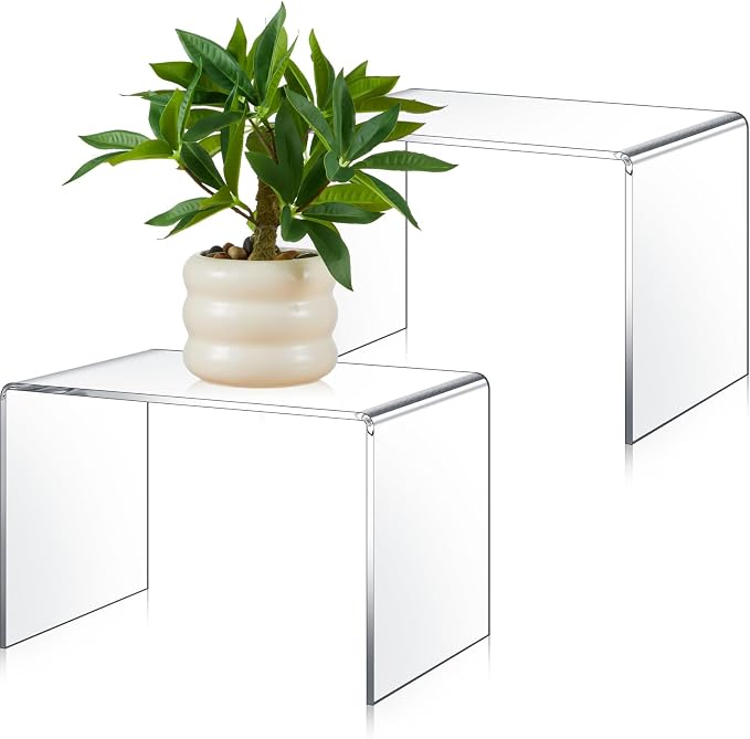 RattanView 2 Pcs 10 x 7 x 7 Inch Large Acrylic Risers Display Stands 5 mm Thick Acrylic Shelf Riser Showcase for Collectibles Jewelry Cupcakes Food Figures Perfume Cabinet (Clear)