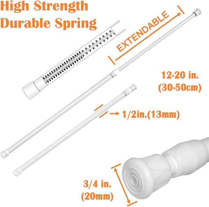 KXLife Tension Curtain Rod No Drill 12-20", Small Spring Rod, 2Pcs, White | Adjustable Short Tension Rod, Tool-Free Spring Fit, Non-Slip Ends, Suitable for Window, Cupboard, Closet