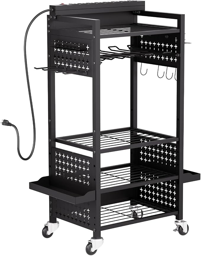 VEVOR 5-Tier Tool Organizer Cart with Charging Station, 8 AC Outlet, Floor Stand Rolling Drill Holder and Tool Battery Storage Rack on Wheels, Garage Floor Rolling Storage Cart for Workshop, Garage