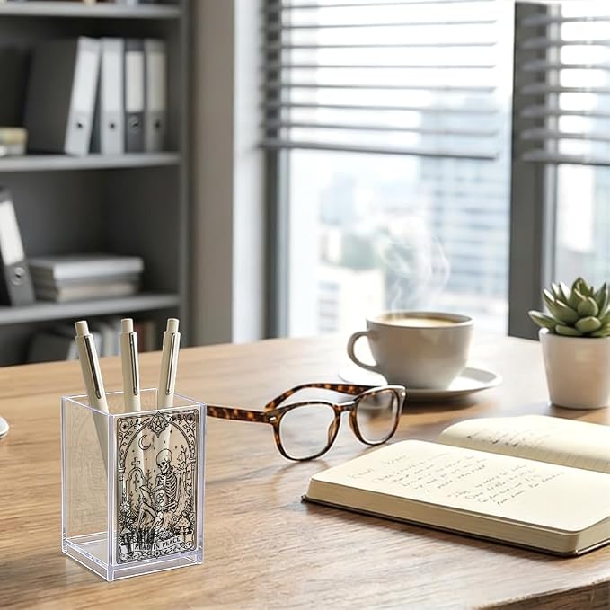 Read In Peace Acrylic Pen Holder, Gothic Skeleton Reading Book Desk Pencil Cup Organizer, Book Lover Office Desk Accessory, Halloween Bookworm Gifts for Women Librarian Reader Book Lover