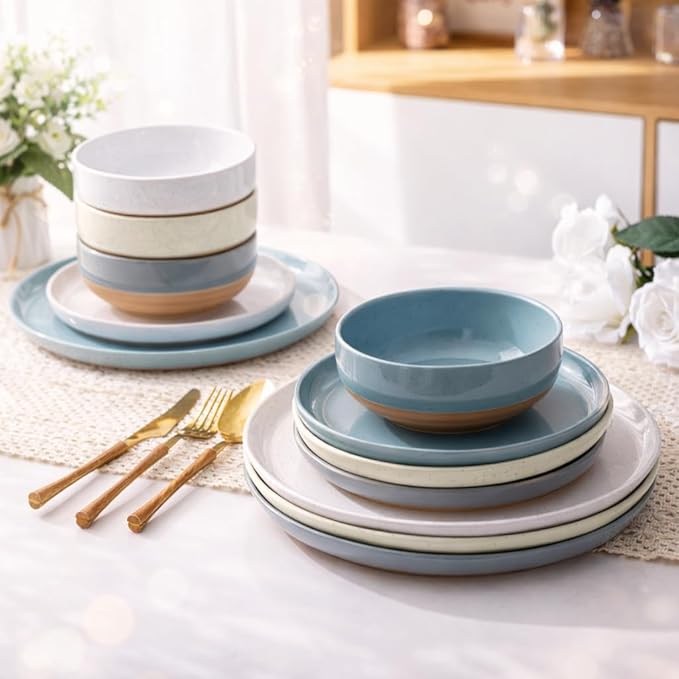 AmorArc Ceramic Dinnerware Sets for 8, 24 Pieces Handpainted Plates and Bowls Set with Rustic Terracotta Underside, Scratch Resistant Stoneware Dishes Set, Dishwasher & Microwave Safe, Multi-Color