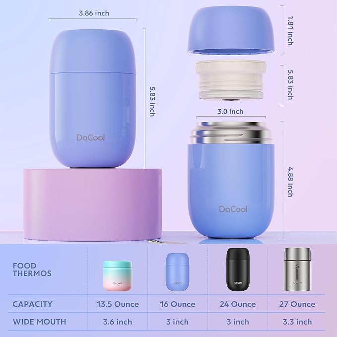 DaCool Stainless Vacuum Insulated Food Jar - 16 Ounce Thermo for Hot & Cold Food, Perfect for School, Work, Picnic & Outdoors - Purple