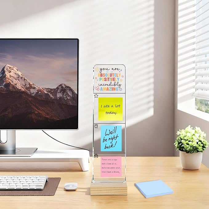 Sticky Note Holder, Monitor Memo Board, Acrylic Post It Note Holder with Wooden Base, Includes 100 Notes, Positive Affirmation Desk Organizer, Inspirational Quote “Positively Incredibly Amazing”