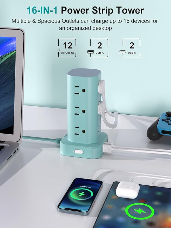 Power Strip Tower with Multiple Outlets, Flat Plug Surge Protector Tower Extension Cord with 12 AC Outlets 4 USB Ports (2 USB C), 6FT Cord Power Tower Surge Protector for Home Office Dorm Room, Blue