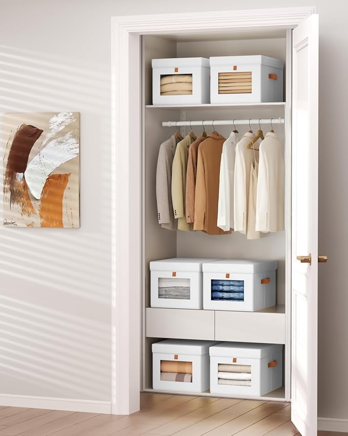 Homsorout Storage Bins with Lid – Closet Organizer with Side Opening and Clear Window, Foldable Stackable Fabric Basket for Clothes, Home, Office - 13.77" x 11.8" x 9.8", 6 Pack, White