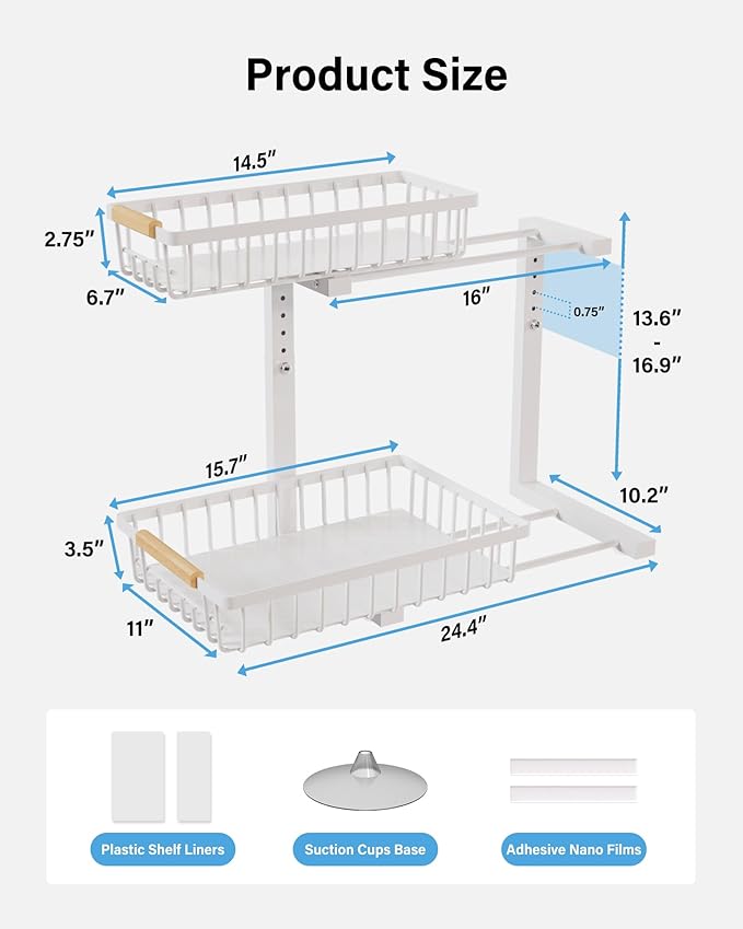 Under Sink Organizer Storage for Families: Pull Out Storage Undersink Organizers Drawer Cabinet - Sliding 2 Tier Rack Metal Organization Under Counter Kitchen Bathroom for Homemakers(White,1 Pack)