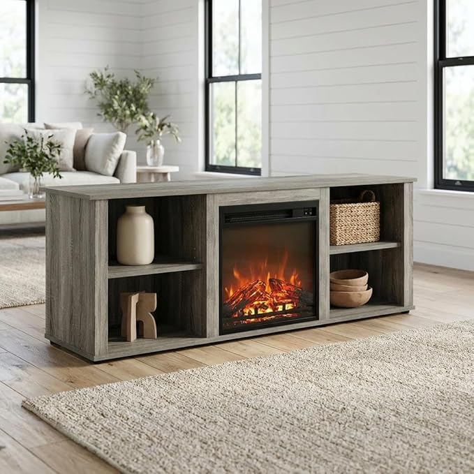 Furnifact Grey TV Stand with Fireplace, 60 Inch Wood Console, Open Shelves, Cord Management, Modern Style, Living Room, Home Entertainment