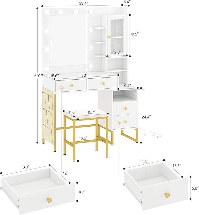 YIKEHOME Makeup Vanity Desk with Mirror and 10 Lights, 3-Colour Hollywood Brighter Bulbs, Vanity Table Set with Large Drawers and and Charging Station for Bedroom Dressing Room White